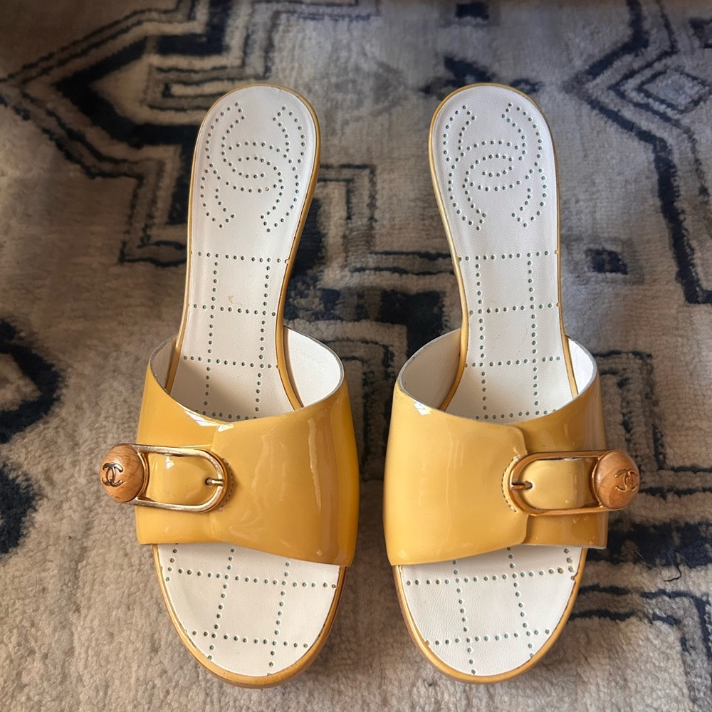 Chanel Women's Yellow Patent Leather Mules With Safety Pin Logo